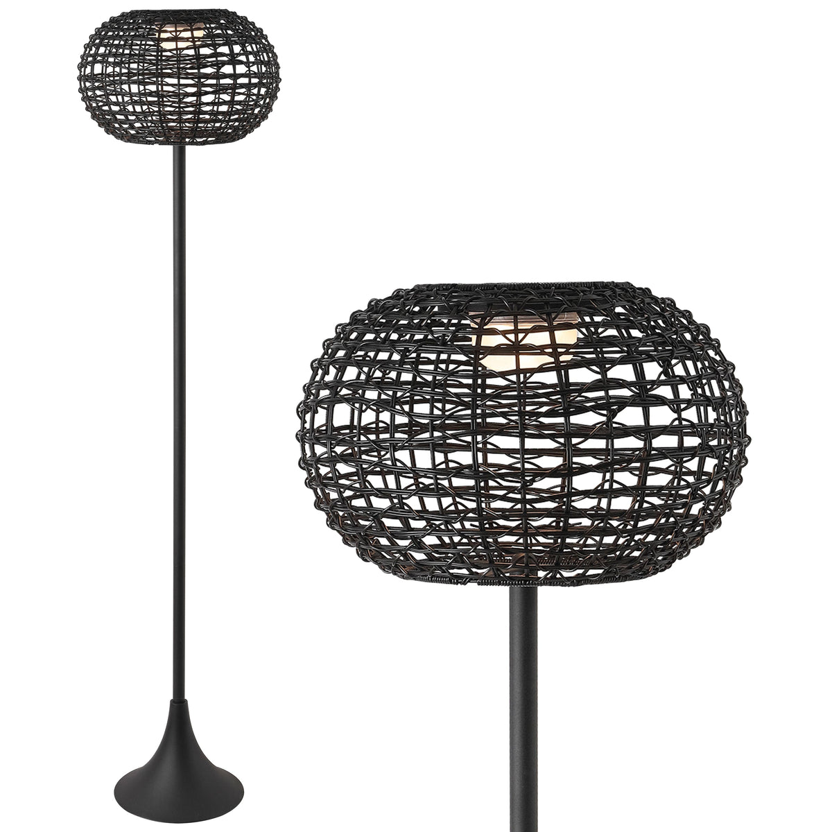 Jonathan Y - Jaemin 58" Modern Coastal Faux Rattan Integrated Indoor/Outdoor LED Solar Powered Floor Lamp - Black