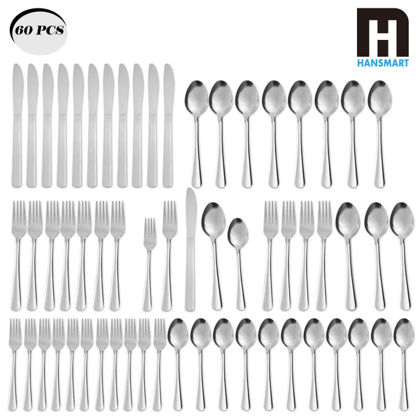 Hansmart - 60Pcs Stainless Steel Flatware Set For 12 With Dinner Forks Salad Forks Spoons and Knives Dishwasher Safe - Silver
