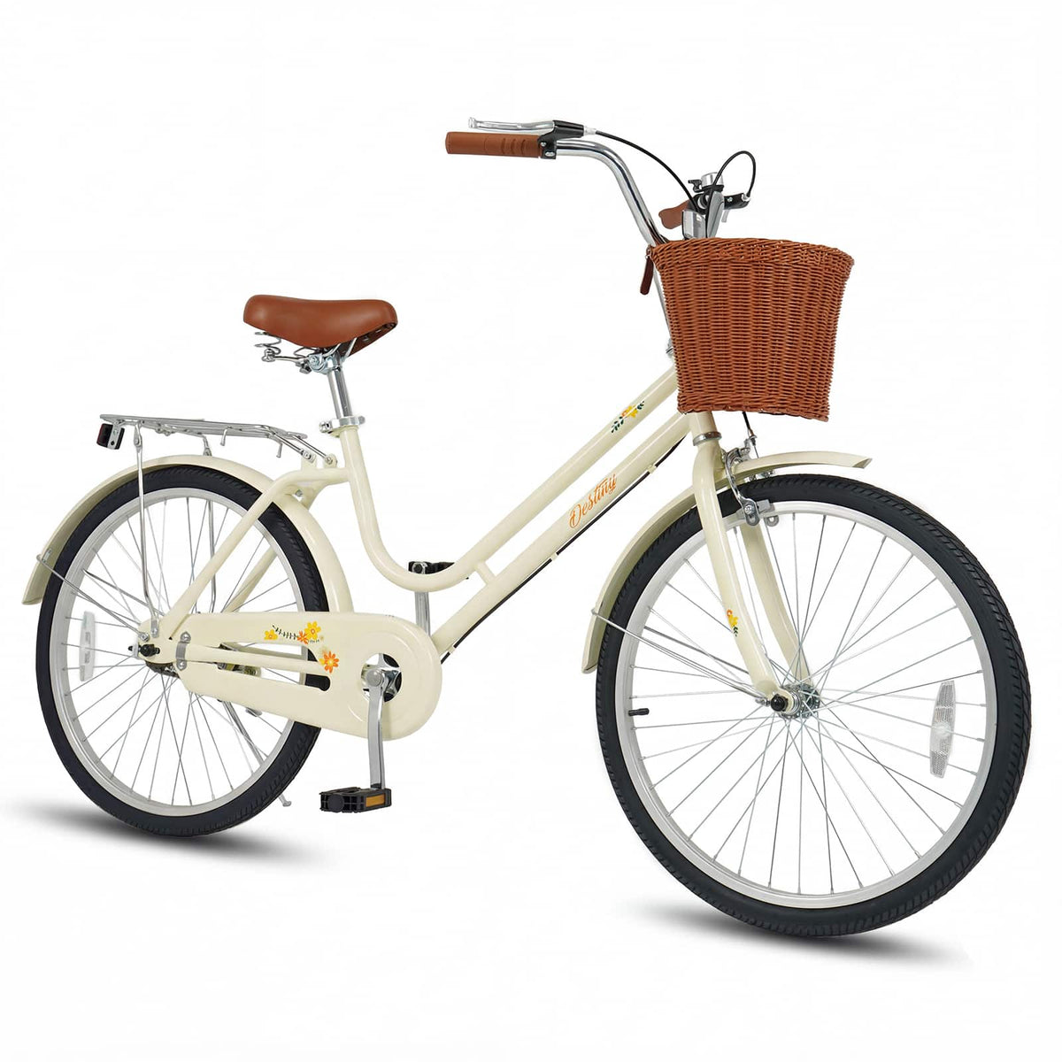 Gymax - 24-Inch Beach Cruiser Bike w/Adjustable Seat Woven Basket & Rear Rack - Beige