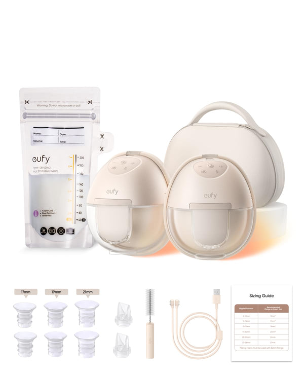 eufy - Heated Wearable Breast Pump S1 Pro with Milk Storage Bag, Hands‑Free in‑Bra, HeatFlow™ Tech, Wireless Charging Case - Brown