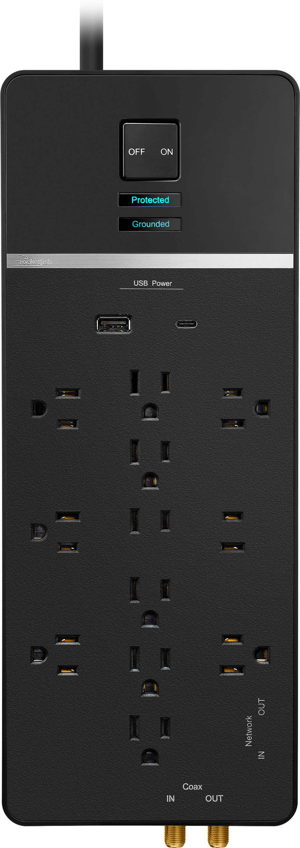 Rocketfish™ - 12-Outlet Strip/1-USB-C/1-USB 4,680 Joules Surge Protector - Black