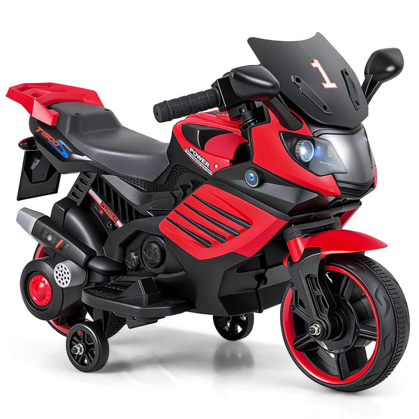 Costway - 6V Kids Motorcycle with Music, Horn, Detachable Training Wheels & LED Headlights - Red