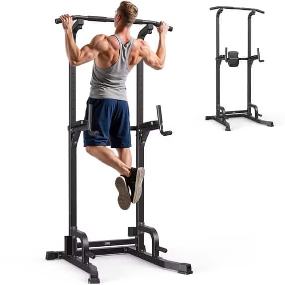 Front. Sportsroyals - PT1 Power Tower Pull Up Bar Station, 360LBS Stable Pull Up Dip Station for Home Gym Strength Training Equipment - Black.