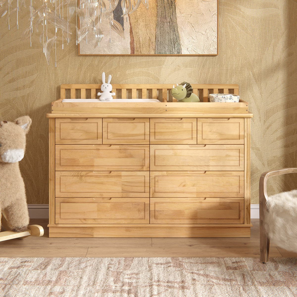 Homsee - Solid Wood Baby Changing Table Dresser with Drawers, Nursery Diaper Organizer, Anti-Tip Storage Cabinet for Newborns - Wooden