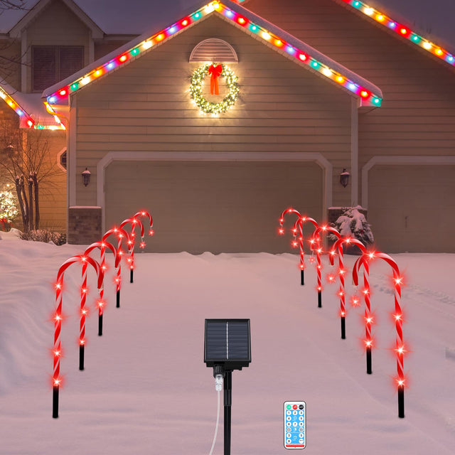 Front. Oumilen - 10 Pack Christmas Solar Candy Cane Stake Lights with Remote – 8 Modes Red LED Path Markers for Yard.