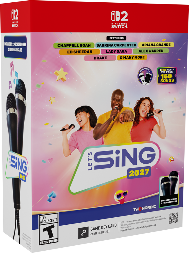 02 BINTENDO SWITCH 0D2 NINTENDO SWITCH. INCLUDES 2 MICROPHONES 1 MICROS INCLUS FEATURING CHAPPELL ROAN SABRINA CARPENTER ARIANA GRANDE ED SHEERAN LADY GAGA ALEX WARREN DRAKE & MANY MORE COMPATIBLE 1 1FREE MONTH VIP PASS 150+ SONGS SING FEL.B 2027 LET'S SiNG 2027 - TEEN ADOLESCENTS T ESRB 2 MICS INCLUDES INCLUS 2 MICROS THQNORDIC See back. internet required. ncessaire downioed ve Internet  Ge) vid 6G8- Full game complet de jeu CARD Telechargement GAME-KEY support.nistendo.com/switch2/gomekeycard Voir du vers