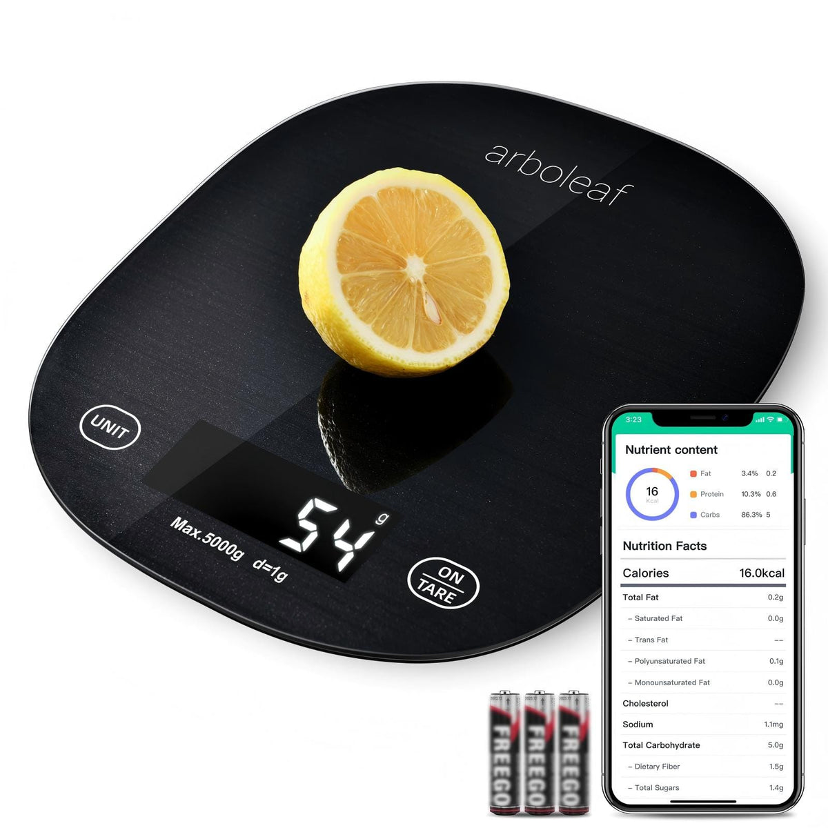 Arboleaf - Smart Food Scale, 22lb Digital Kitchen Scale with App, Nutrition Calculator - Black
