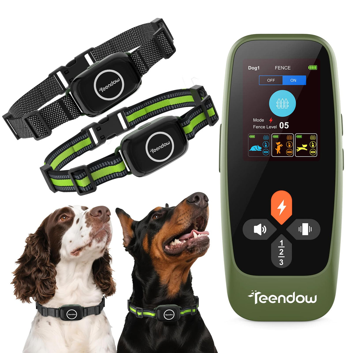 Teendow - T800 Pro Wireless Dog Fence for 2 Dogs, Zero Delay Response, 4-in-1 Collar w/ Training & Bark Control - Green