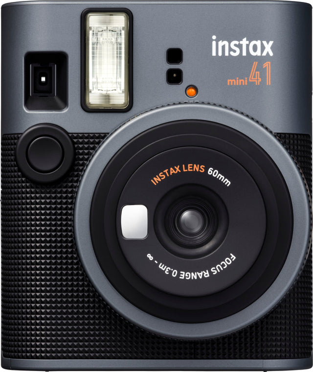 The text on the image reads "instax mini 41 LENS INSTAX 60mm 8 - 0.3m RANGE FOCUS."