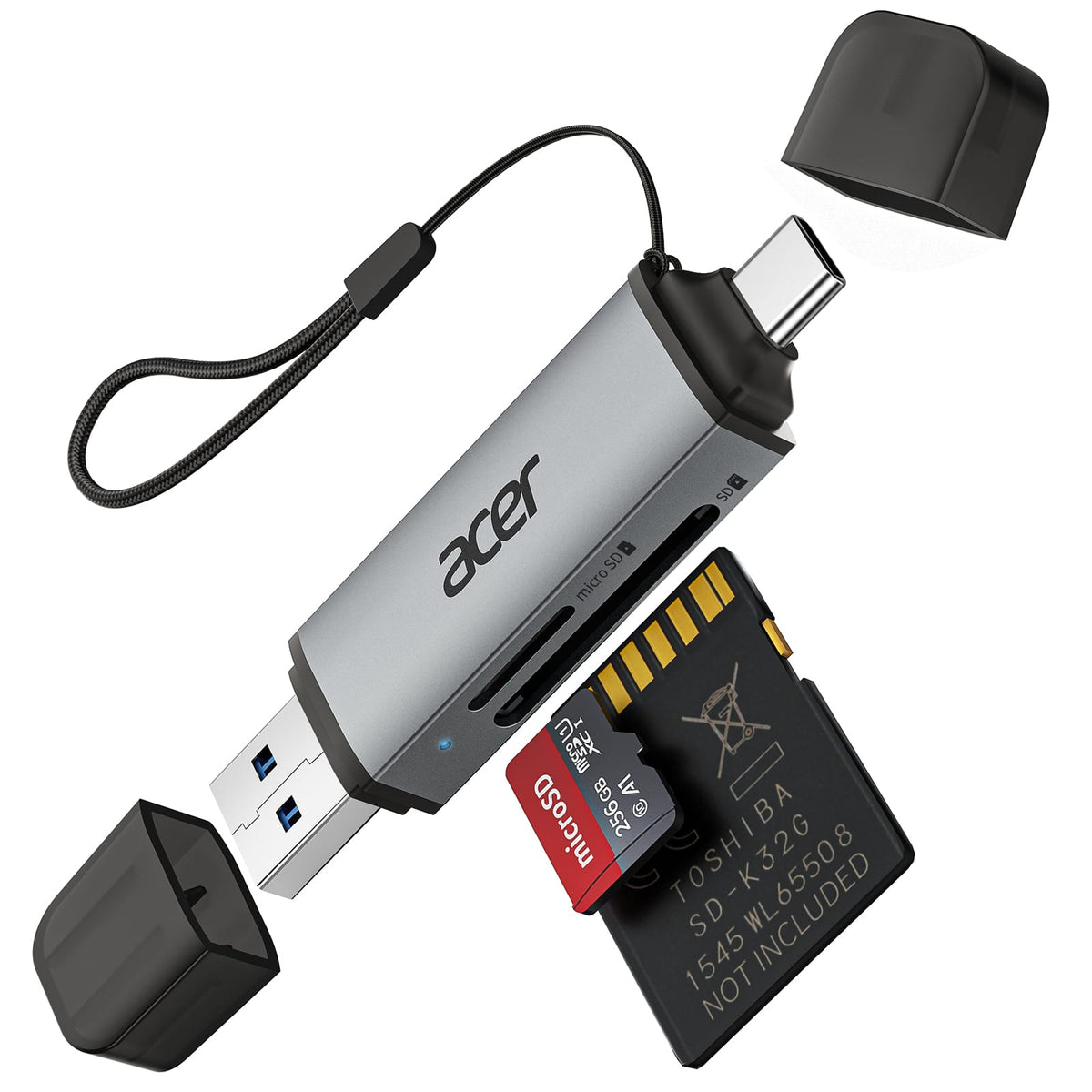 Acer - SD Card Reader USB C, Dual Slots USB 3.0 Type C to Micro SD Card Adapter, Memory Card Reader - Gray