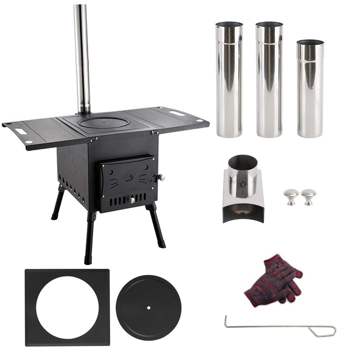 Topteng - Portable Wood Stove for Camping - 2-in-1 Heating & Cooking, Folding Design with 3 Chimney Pipes, Carbon Steel, 17.6 lbs