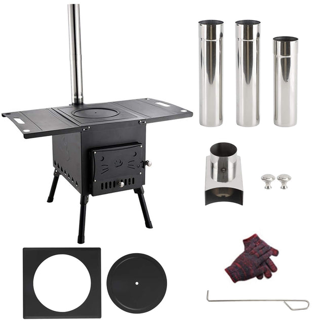 Front. Topteng - Portable Wood Stove for Camping - 2-in-1 Heating & Cooking, Folding Design with 3 Chimney Pipes, Carbon Steel, 17.6 lbs.