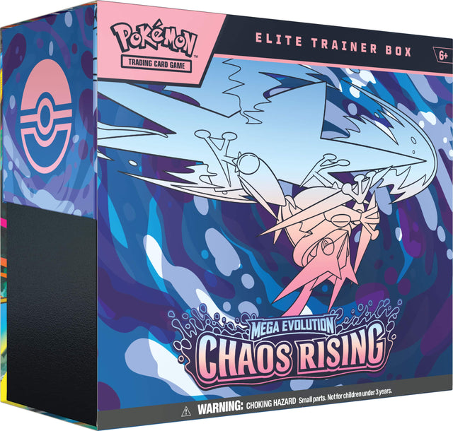 Pokémon Trading Card Game Elite Trainer Box 6+ Mega Evolution Chaos Rising  
Children under 3 years. Small parts. Not for choking hazard!  
Warning: Choking hazard. Small parts. Not for children under 3 years.