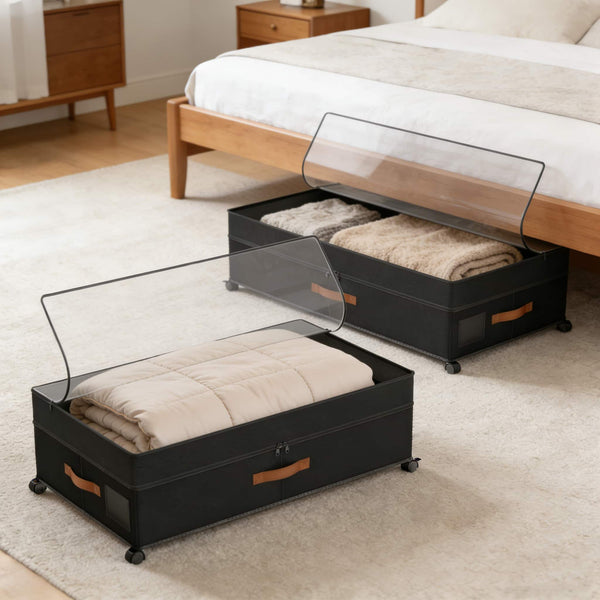 Malletson - Underbed Storage Containers with Wheels, 2-Pack Rolling Wire Mesh Organizer for Clothes, Shoes, Bedding - Black