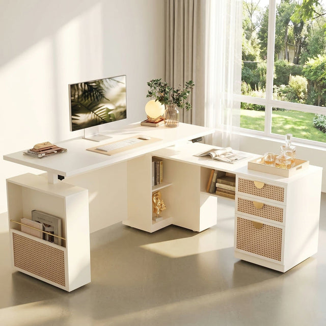 Front. ModernMate - 63" Executive L Shaped Height Adjustable Desk File Cabinet, Privacy Panel, AC/USB, White Rattan - White Rattan.