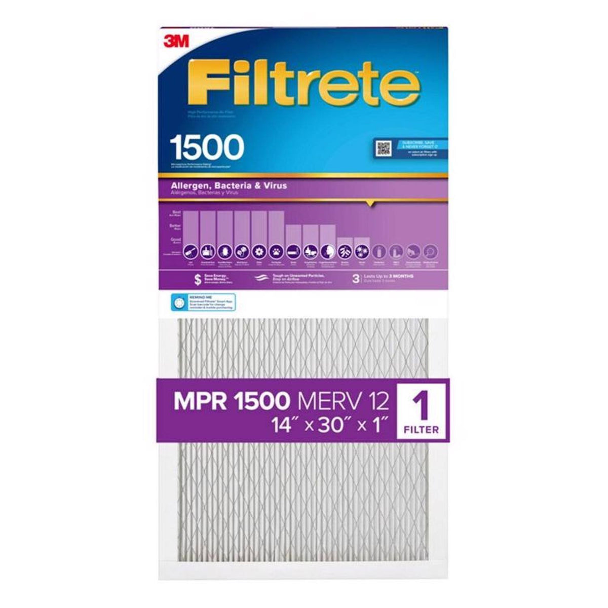 Filtrete - 14 in. W X 30 in. H X 1 in. D Synthetic 1500 MPR Pleated Ultra Allergen Filter 1 pk