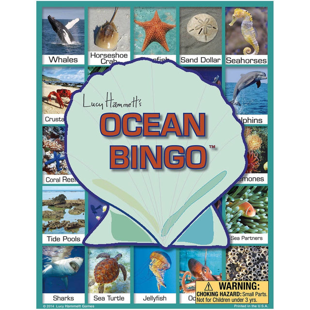 Lucy Hammett's OCEAN BINGO™

- Whales
- Horseshoe Crab
- Sea Urchin
- Sand Dollar
- Seahorses
- Crustaceans
- Dolphins
- Coral Reefs
- Anemones
- Tide Pools
- Sea Partners
- Sharks
- Sea Turtle
- Jellyfish

WARNING: CHOKING HAZARD: Small Parts. Not for Children under 3 yrs. Printed in the U.S.A.

© 2014 Lucy Hammett Games