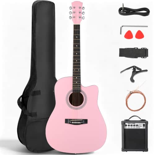 Winado - 41 Inch Acoustic Guitar with Gig Bag for Beginner Full Steel Guitars Kit with Extra Strings, Strap, Picks,Capo - Pink