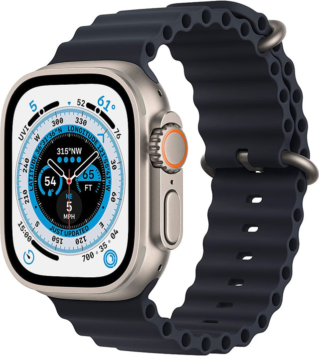 Front. Apple - Geek Squad Certified Refurbished Apple Watch Ultra (GPS + Cellular) 49mm Titanium Case with Midnight Ocean Band - Titanium.