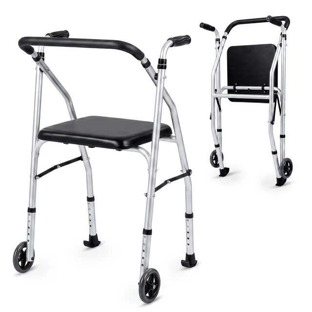 Front. Costway - Costway Folding Walker for Seniors, Lightweight Aluminum Mobility Walker with 2 Wheels - Silver.