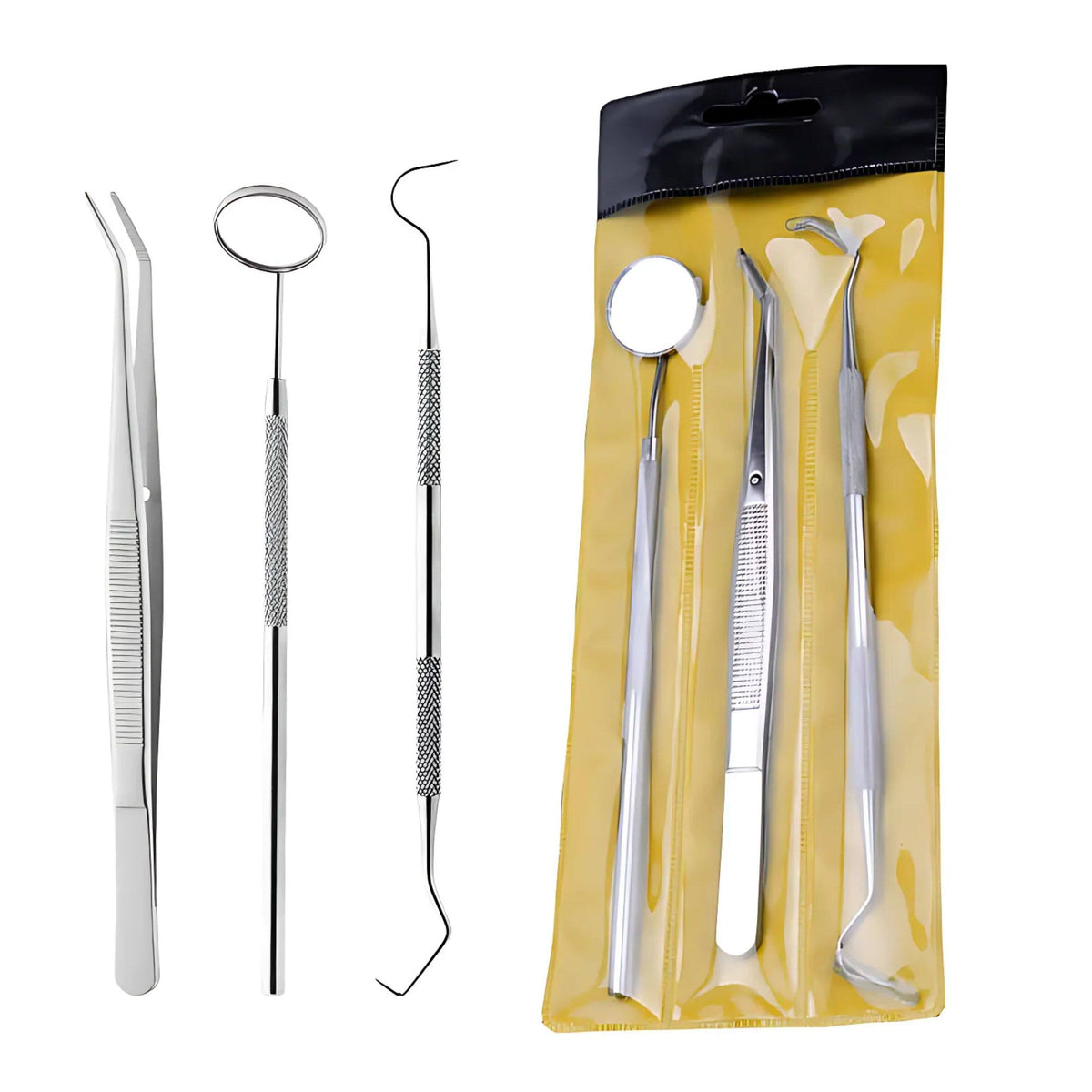 Kitcheniva - Stainless Steel Dental Tools 3 Pcs - Plaque & Tartar Scraper, Mirror & Tweezers