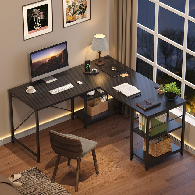 Front. Bestier - 59" L-Shaped Desk with Multi Tier Shelves Home Office & Gaming Computer Desk for Corner Space - Black 3D Carbon Fiber.