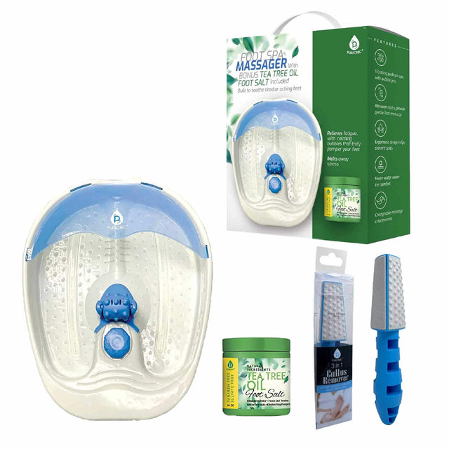 **Foot Spa Massager with Bonus Tea Tree Oil Foot Salt Included**

Built to soothe tired or aching feet

**Features:**
- Vibrating pedicure jets with dual massage modes
- Massage nodes provide gentle foot massage
- Ergonomic design for easy use
- Keeps water warm for comfort
- Changeable massage attachments

**Relieves fatigue with calming bubbles that truly pamper your feet**
- Melts away stress
- Euphoric dry feet with - i camolet

**Tea Tree Oil Foot Salt**
- Paraben Free
- Sulfate Free
- Natural Ingredie