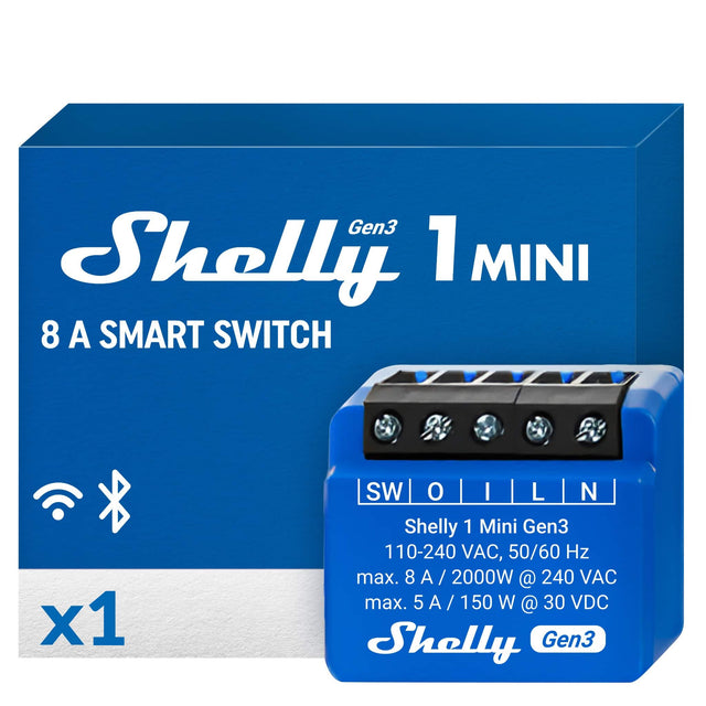 Shelly 1 Mini Gen3 8 A SMART SWITCH x1

Shelly 1 Mini Gen3
110-240 VAC, 50/60 Hz
max. 8 A / 2000W @ 240 VAC
max. 5 A / 150 W @ 30 VDC