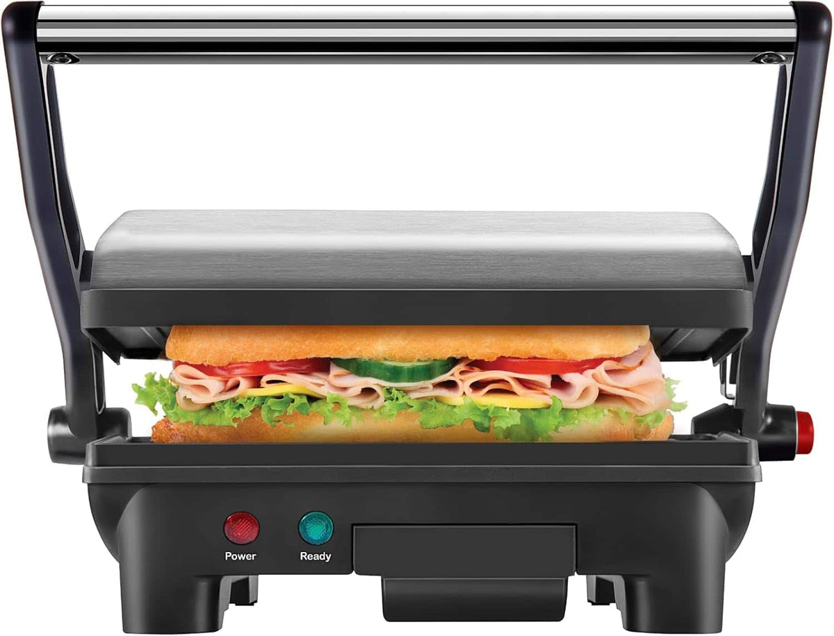 Chefman - 3-in-1 Panini Press & Grill, 2-Slice Non-Stick, Opens Flat - Stainless Steel