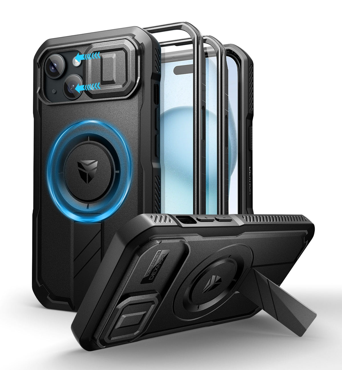 Dexnor - for iPhone 15 Case with Slide Camera Cover & Adjustable Kickstand & Built-in Screen Protector Compatible with MagSafe - Black