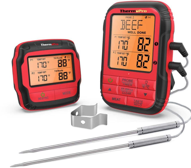 Therm Pro

Till Ready
P1 TEMP SET F 88°F 170
Till Ready
P2 TEMP SET F 88°F 170

MODE
RESYNC
PROBE 2

BEEF WELL DONE
P1 TEMP SET 'F 110 82 1
P2 TEMP SET F 110 82 2

PROBE
TIMER ST/C
CLEAR
MEAT
TASTE HI/LO