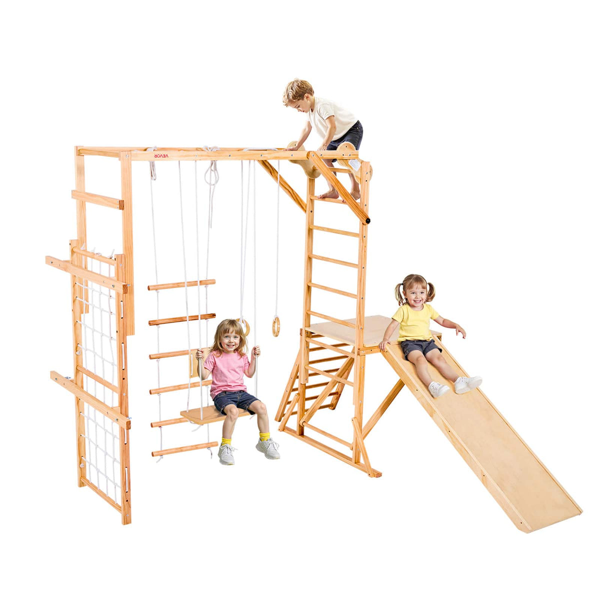 VEVOR - Indoor Wooden Jungle Gym for Kids, 8-in-1 Playset with Slide, Swing, Monkey Bars, Gym Rings, Ladders, Climbing Net - color