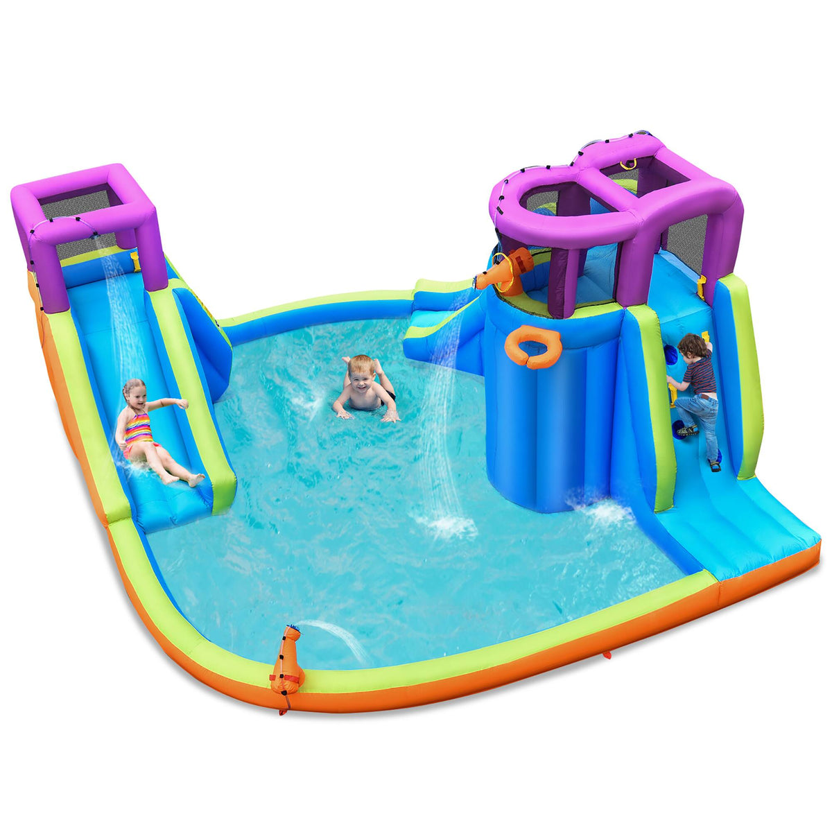 Costway - 6 in 1 Inflatable Dual Slide Water Park Climbing Bouncer Without Blower - Multicolor