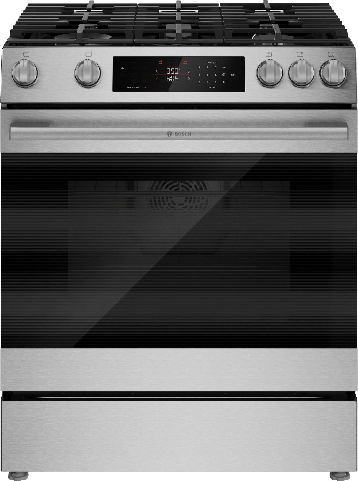 Bosch - 300 Series 30 in. Wide 5.8 Cu. Ft. Slide-In Gas Convection Range with Steam cleaning and 5 Burners - Stainless Steel