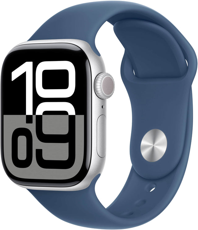 Angle. Apple - Apple Watch Series 10 (GPS) 42mm Aluminum Case with Denim Sport Band - S/M - Silver.