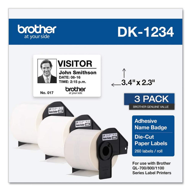 **brother**  
at your side  

**DK-1234**  

**VISITOR**  
John Smithson  
DATE: 06-16  
TIME: 2:15 p.m.  

No. 017  

**3 PACK**  
BROTHER GENUINE VALUE  

Adhesive Name Badge  
Die-Cut Paper Labels  
260 labels / roll  

For use with Brother QL-700/800/1100 Series Label Printers  

3.4" x 2.3"