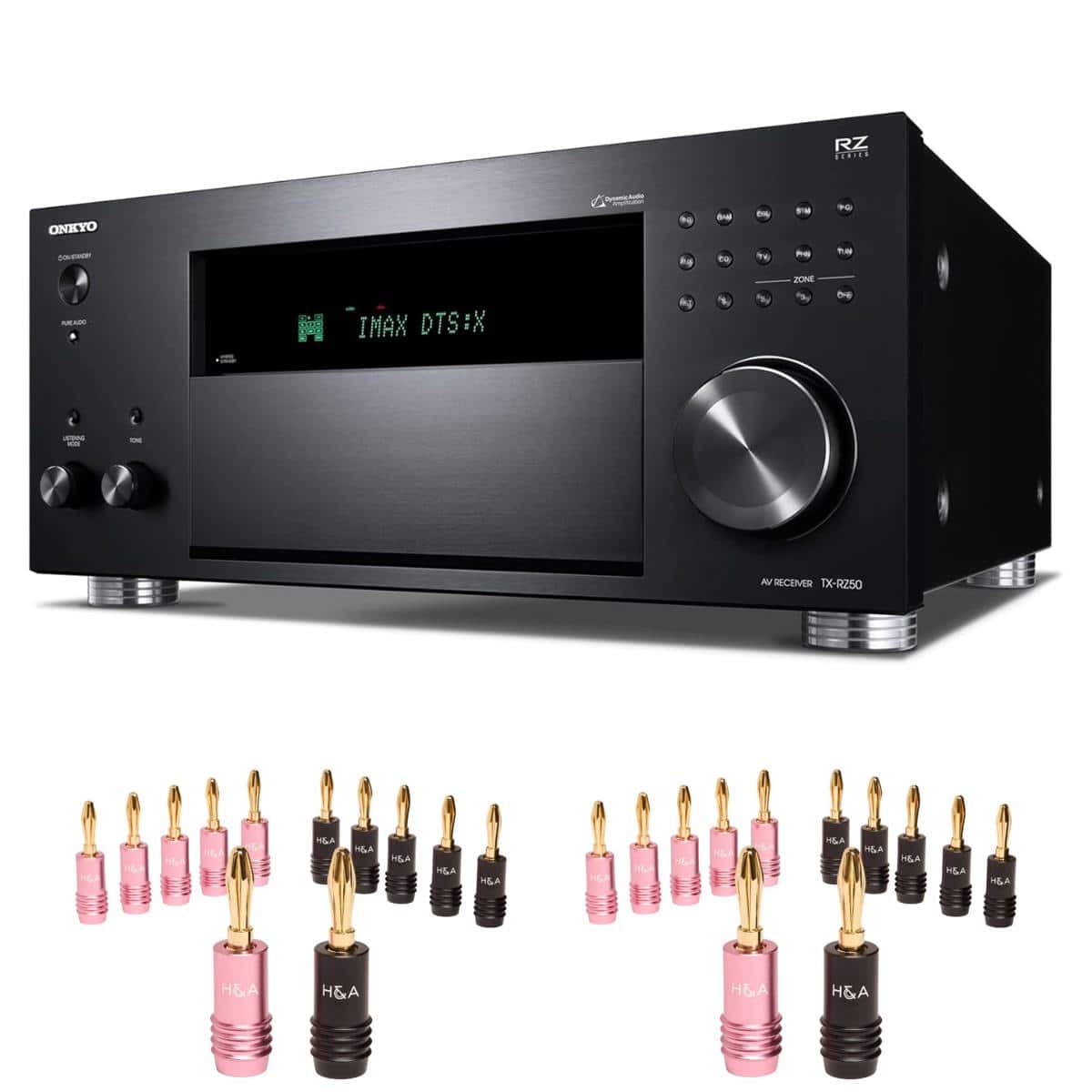 Onkyo - TX-RZ50 9.2-Channel 8K/4K Network AV Receiver, 250W Per Channel at 6 Ohms + H&A Speaker Connector Banana Plugs, 12