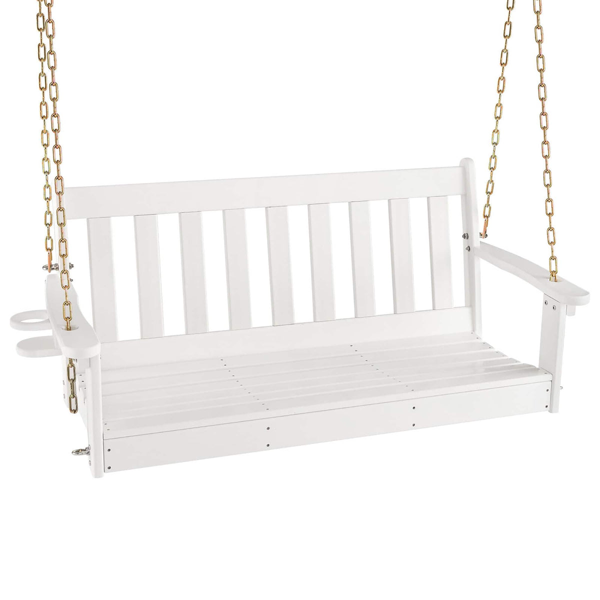 Gymax - 54'' HDPE Porch Swing Outdoor Patio Hanging Chair w/ Cup Holder Adjustable Chain - White