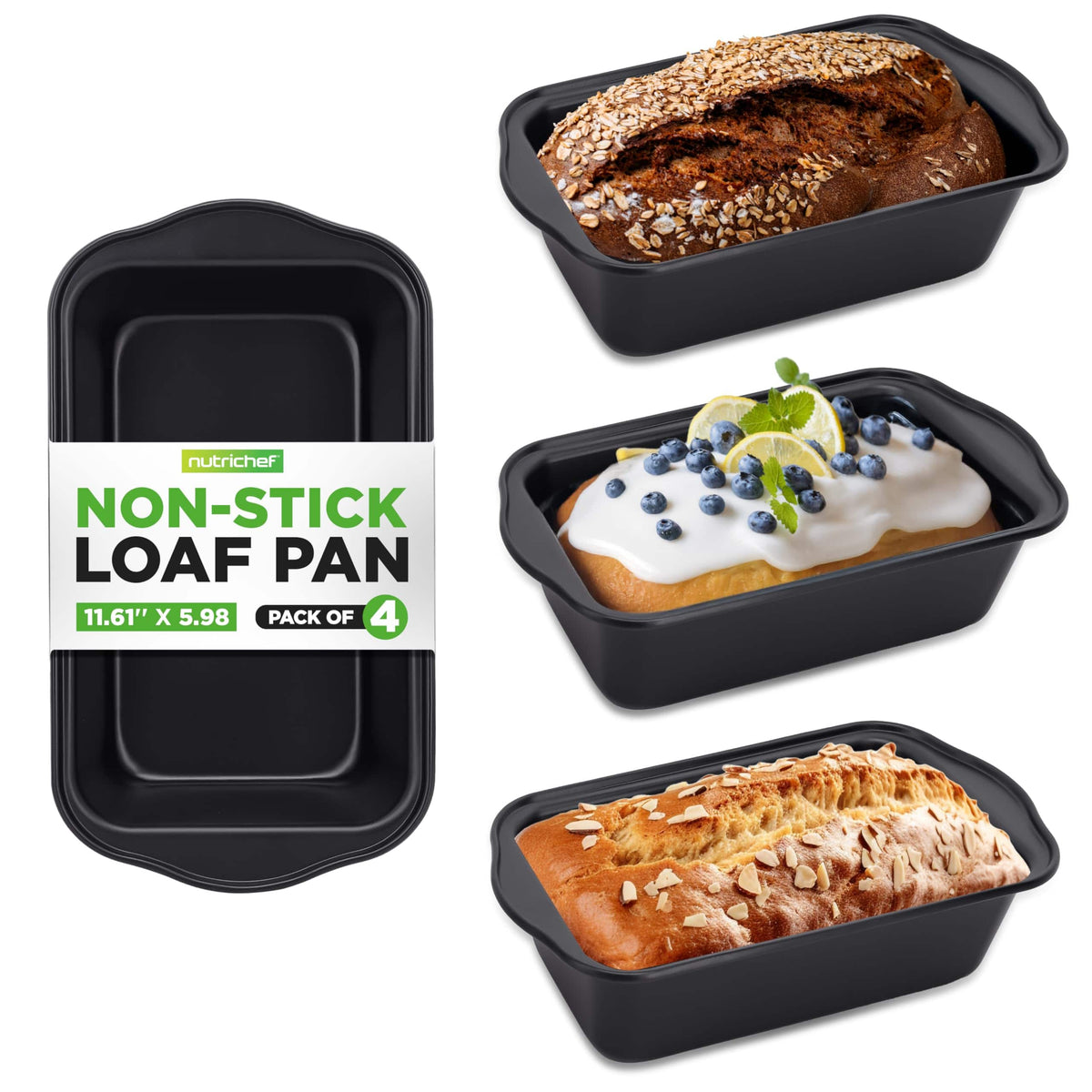 NutriChef - Loaf Pans Set of 4, Non-Stick, Premium Carbon Steel for Even Heat Distribution, Oven Safe (NCLP4BK) - Black