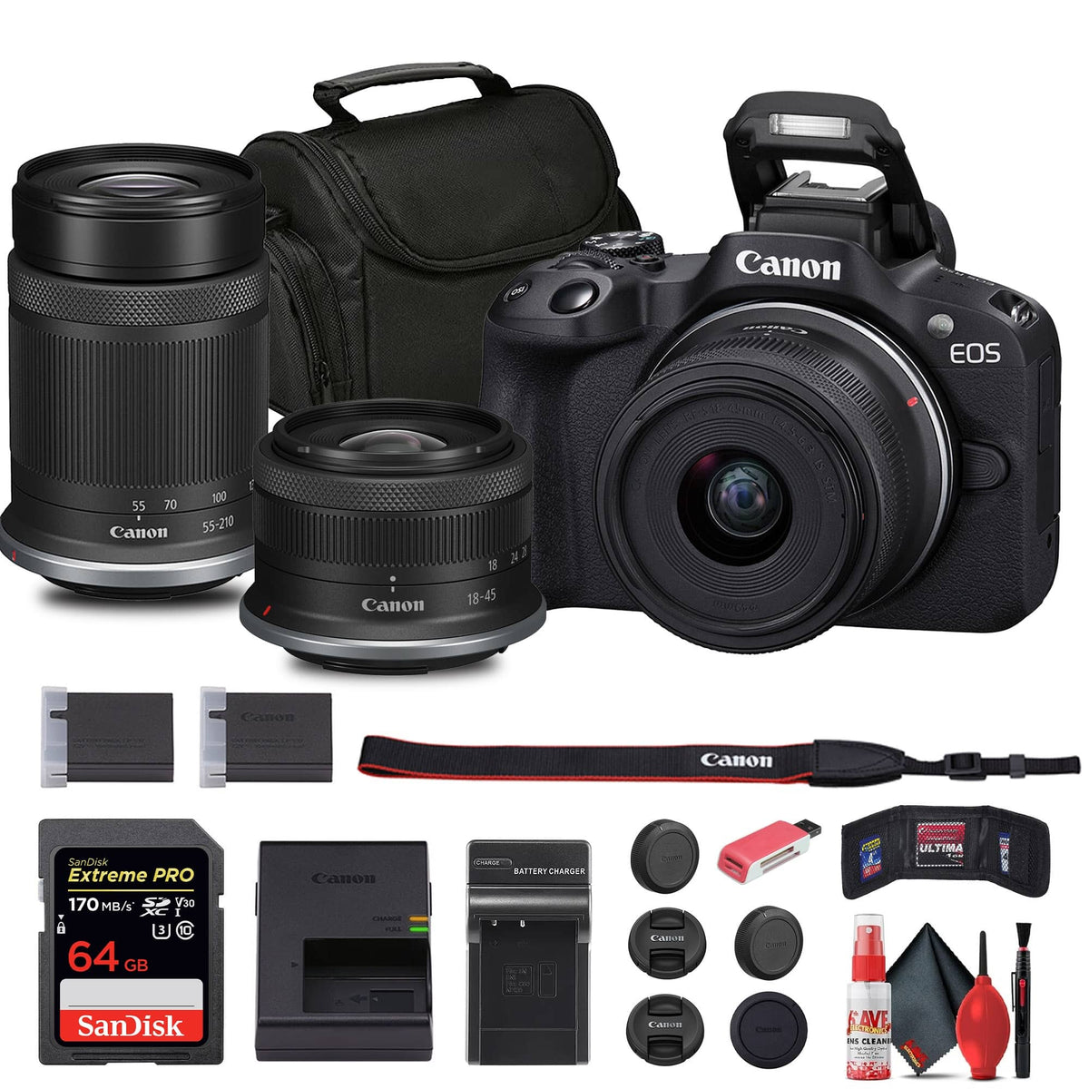 Bundle - Canon - EOS R50 Mirrorless Camera w 18-45mm and 55-210mm Lenses, 64GB Card, Bag - Black Dual Lens