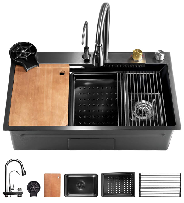 Front. SereneLife - SereneLife SL7546BK Stainless Steel Kitchen Sink, Modern, Includes Faucet, Drain Rack, Cup Washer, Black - Black.