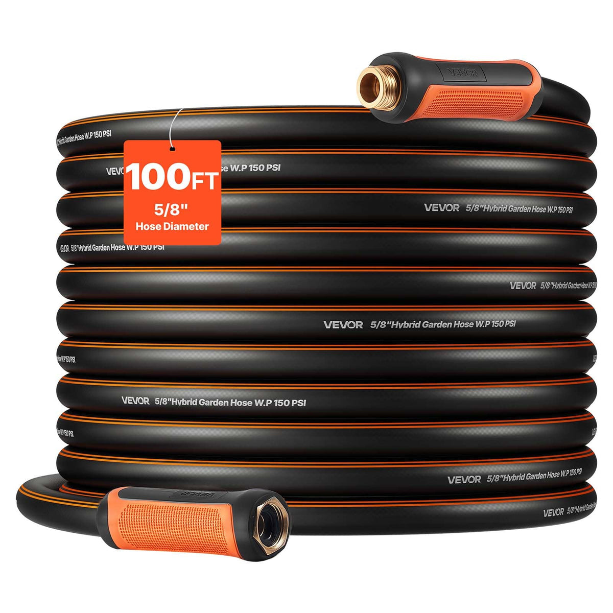 VEVOR - Garden Hose, 100 ft 5/8" Heavy Duty 4-Layer Rubber Water Hose, 150PSI Working & 600PSI Burst, Flexible & Non-kink - Orange + Black