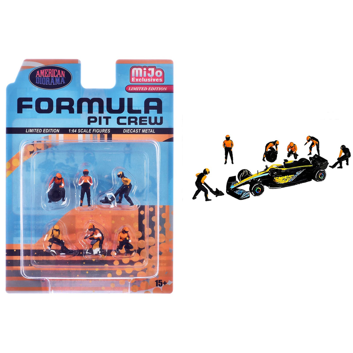 AMERICAN DIORAMA  
MiJo Exclusives  
LIMITED EDITION  
FORMULA PIT CREW  
LIMITED EDITION  
1:64 SCALE FIGURES  
DIECAST METAL  
15+