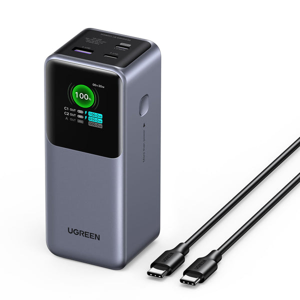 UGREEN - Nexode 130W 20,000mAh Power Bank with Smart TFT Display, 3-Port Portable Charger for Laptops, Tablets, Cell Phones - Black