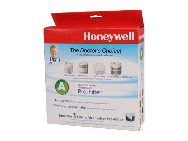 Honeywell  
The Doctor's Choice!  
#1 Brand Recommended by Allergists  

Odor Reducing Replacement Pre-Filter  

- Deodorizes the air, reducing odors with activated carbon  
- Traps larger particles such as dust, lint, fibers, and pet fur  

Fits virtually all Honeywell Round Air Purifiers  
17000 Series  
18150 Series  
50100 Series  
50150/50250/50300 Series  
501 Series  

Includes 1 Large Air Purifier Pre-Filter  
For best performance, replace filter every 3 months.  
*Perforated design makes 1-8 pre-fi