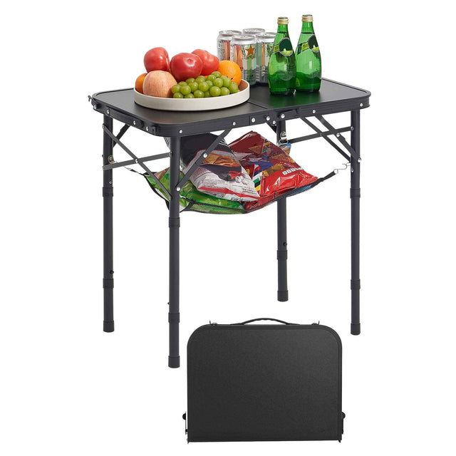 Front. VEVOR - Folding Camping Table, Height Portable Side Tables, Aluminum MDF Beach Table with Mesh Layer, Carrying Handle,24x16in - Black.