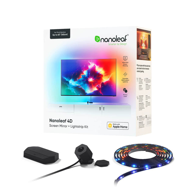 For TVs & Monitors  
Up to 65" (165cm)

nanoleaf  
Smarter by Design

Ultra-Wide Viewing  
Angle

Fill your space with the illusion of infinite  
movie magic.

Nanoleaf 4D  
Screen Mirror + Lightstrip Kit

Works with Apple Home

Ultra-Wide Viewing Angle  
Timeless RGB Gradient Lighting  
Corner Connector

Smart Home  
Integration

Works with Apple Home