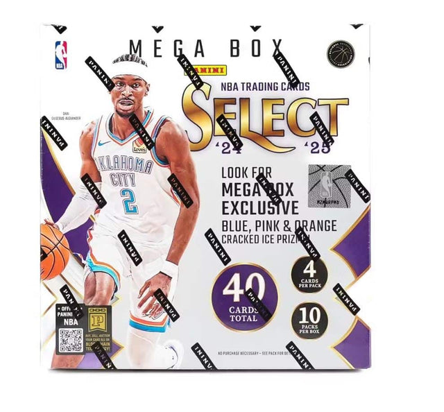MEGA BOX NBA TRADING CARDS  
PANINI SELECT '24 '25  
LOOK FOR MEGA BOX EXCLUSIVE BLUE, PINK & ORANGE CRACKED ICE PRIZE  
40 CARDS TOTAL  
10 PACKS PER BOX  
4 CARDS PER PACK  
PANINI  
OFFICIAL NBA LICENSED  
PANINI