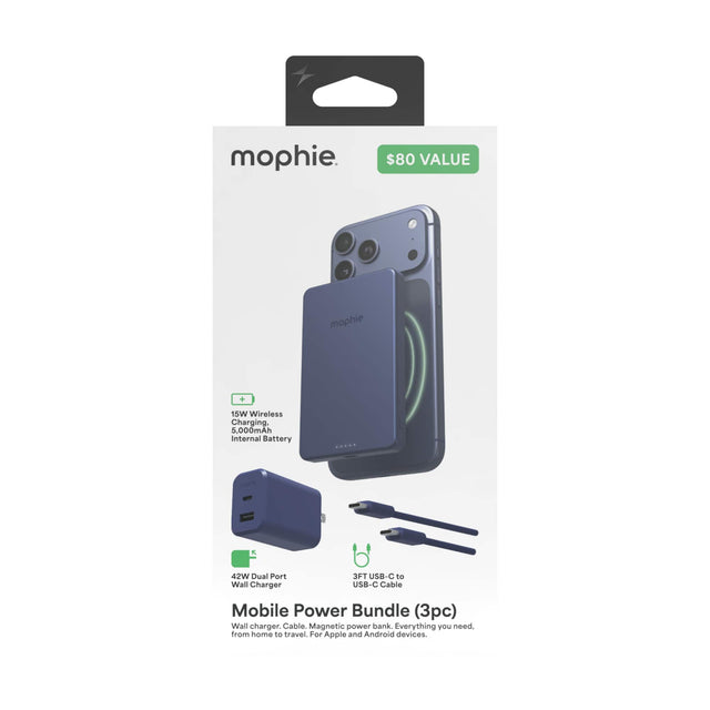 mophie. $80 VALUE mophie 15W Wireless Charging. 5,000mAh Internal Battery. 42W Dual Port Wall Charger. 3FT USB-C to USB-C Cable. Mobile Power Bundle (3pc). Wall charger. Cable. Magnetic power bank. Everything you need. from home to travel. For Apple and Android devices.
