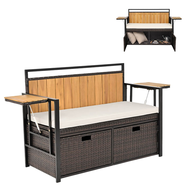 Front. Costway - Costway Patio Storage Bench with 2 Folding Side Tables,2-Seater Rattan Bench Seat with Cushion - Brown + White + Natural.